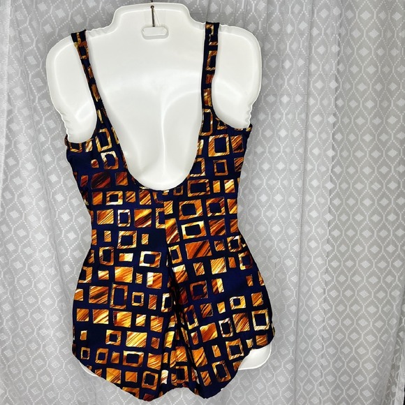 Paradise Bay One Piece Swimsuit Tummy Control Geometric Print Blue Orange 14 - Picture 2 of 5